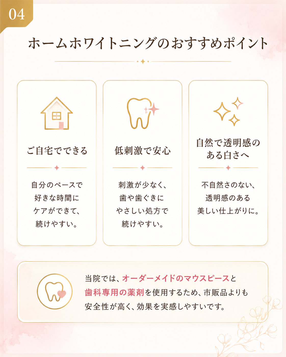 ホームホワイトニングのおすすめポイント。自宅でできる、低刺激で安心、自然で透明感のある白さへ。